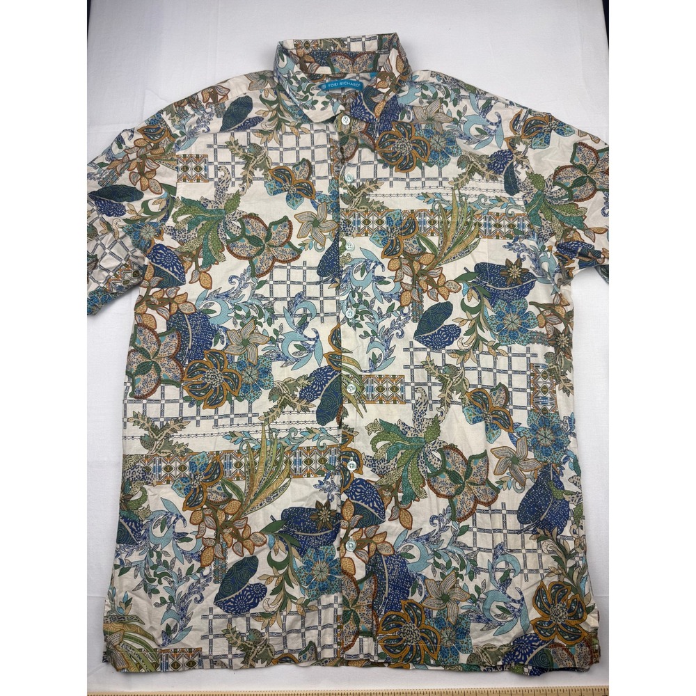 Tori Richard Button Up Shirt Large Multicolor Floral Geometric Cotton Blend
